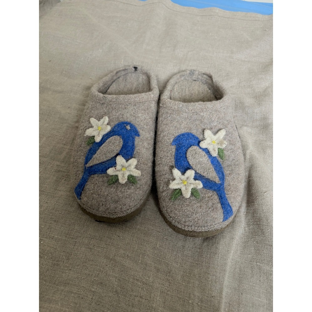 Giesswein Austria Wool Felt Slippers Blue Bird Flower Grey Clogs Mules‎ Womens